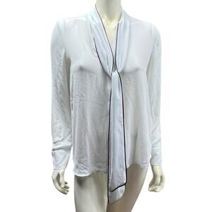 Express White Tie Neck Blouse Black Piping Long Sleeve Silky Small